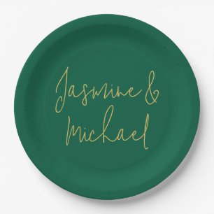Assiettes En Carton Belle Chic Calligraphie Couple Noms Vert & Or