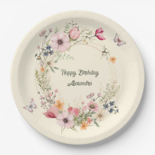 Assiettes En Carton Belle couronne florale et papillons Anniversaire
