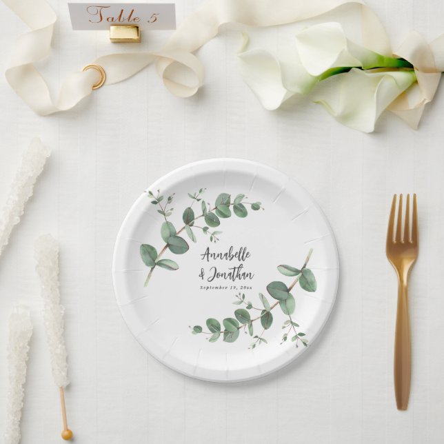 Assiettes En Carton Belle délicate feuille d'eucalyptus feuillage mari (Mariage)