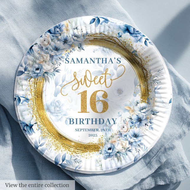 Assiettes En Carton Belle Douce 16 Plaques de Parties scintillant bleu (Beautiful Sweet 16 Dusty Blue Gold Glitter Plates

)