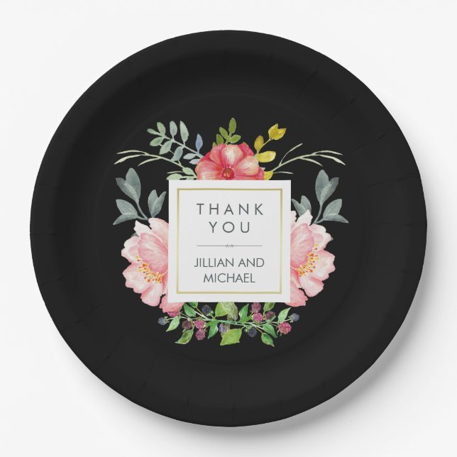 Assiettes En Carton Belle Elégante Aquarelle Peonies sur Noir (Devant)