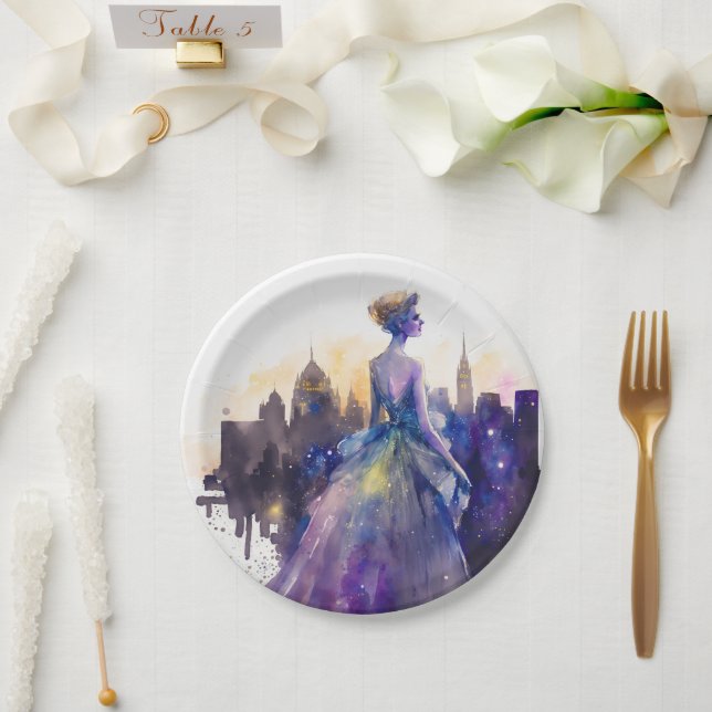 Assiettes En Carton Belle Femme | Abstrait Fairytale City Princess (Mariage)