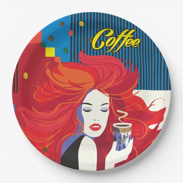 Assiettes En Carton "Belle Femme de mode avec Café Cup" Pop Art (Devant)
