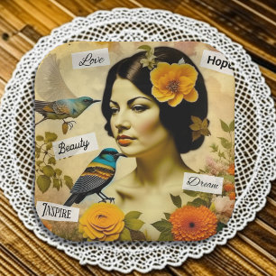 Assiettes En Carton Belle femme vintage avec oiseaux et fleurs