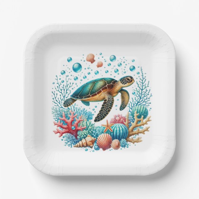 Assiettes En Carton Belle fête de la tortue de mer de plage (Recto)