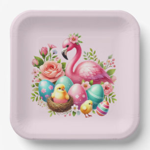 Assiettes En Carton Belle fête de Pâques flamingo rose