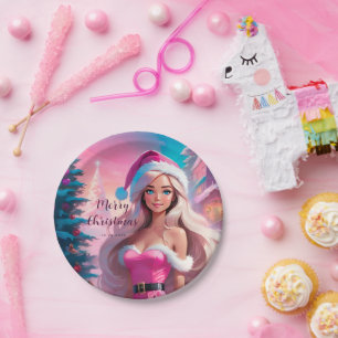 Assiettes En Carton Belle fille de Noël rose 01