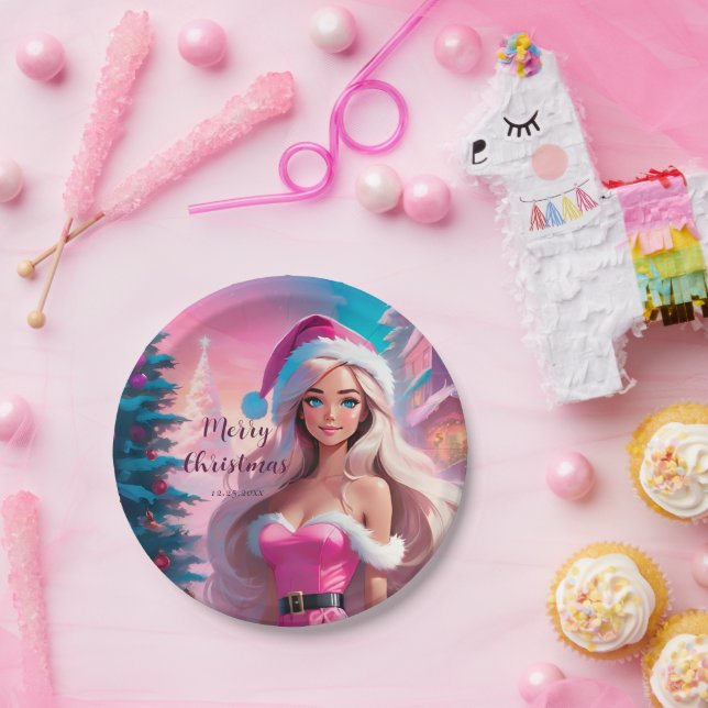 Assiettes En Carton Belle fille de Noël rose 01 (Fête)