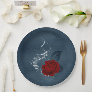 Assiettes En Carton Belle fleur rouge et feuilles bleues marine