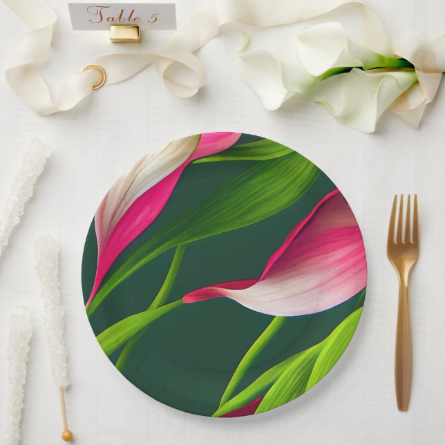 Assiettes En Carton Belle Flore Gras Rose & Vert Calla Lilly (Mariage)