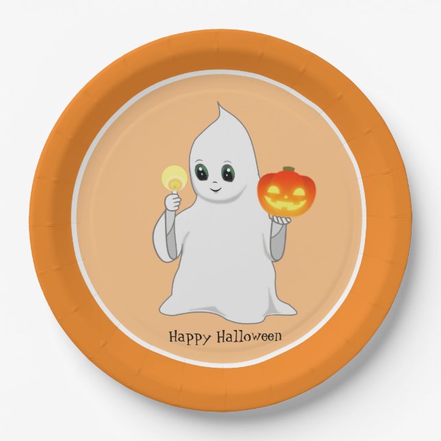Assiettes En Carton Belle Halloween Ghost & Citrouille sur Orange (Devant)