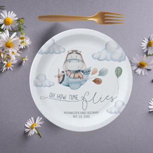 Assiettes En Carton Belle Hippo Vol Avion & Nuages, Premier Anniversai