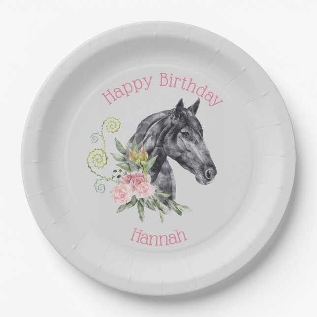 Assiettes En Carton Belle illustration de cheval - Joyeux anniversaire (Devant)