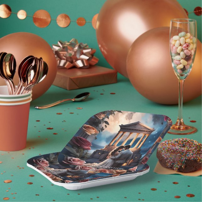 Assiettes En Carton Belle mariée et chambre debout au bord de la mer (Multi)