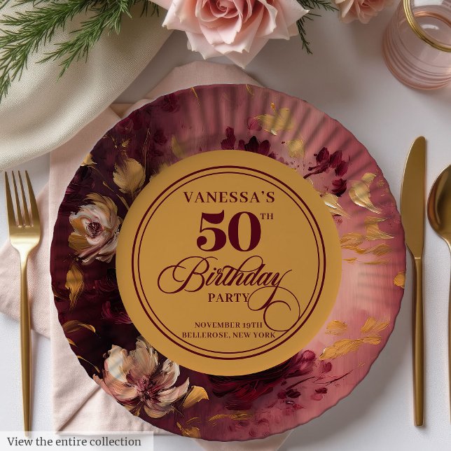 Assiettes En Carton Belle Maroon Blush Gold Floral 50e anniversaire (Lovely Maroon Blush Gold Floral 50th Birthday Paper Plates)