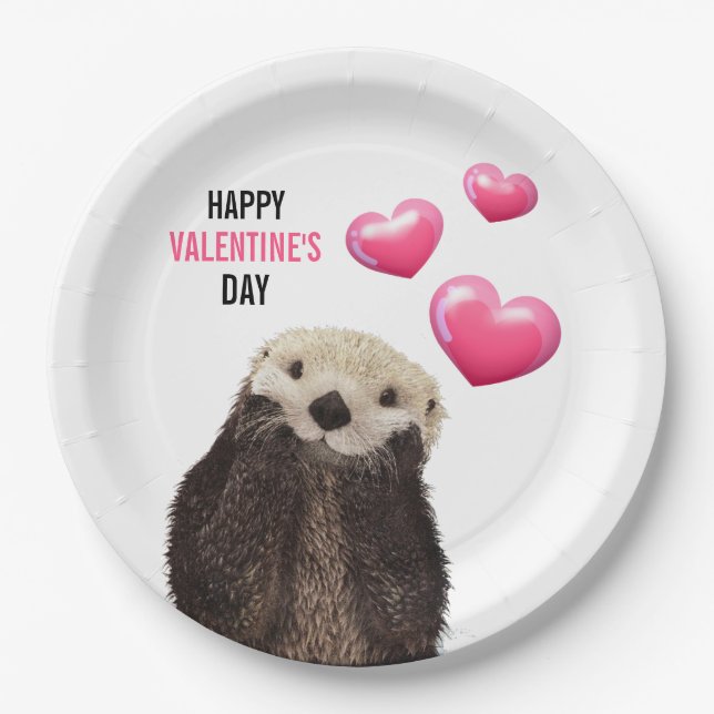 Assiettes En Carton Belle Otter avec Coeurs de Valentines (Devant)