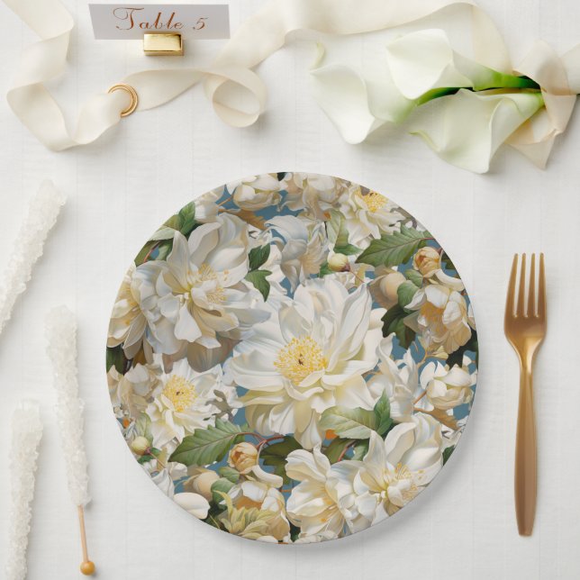 Assiettes En Carton Belle pivoine blanche et motif magnolia (Mariage)