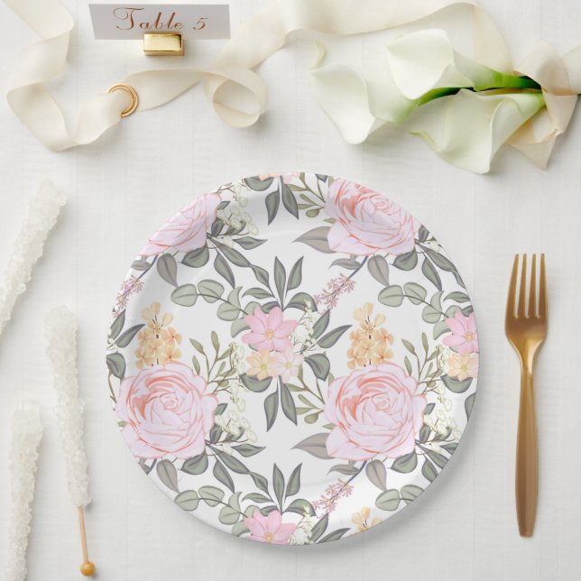 Assiettes En Carton Belle rose fleurie et feuillage vert (Mariage)
