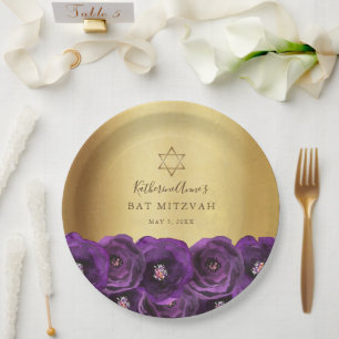 Assiettes En Carton Belle Rose Violette Florale Or Bar Mitzvah