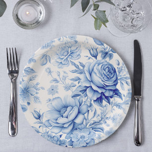 Assiettes En Carton Belle Roses et Fleurs sauvages Bleus & Blancs