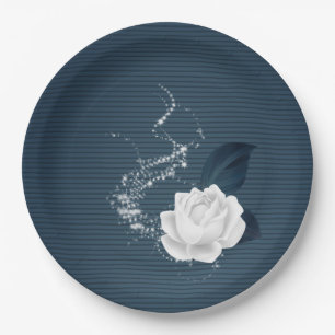 Assiettes En Carton Belles fleurs blanches et feuilles bleues marine