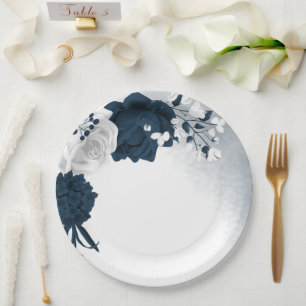 Assiettes En Carton Belles fleurs blanches et marines