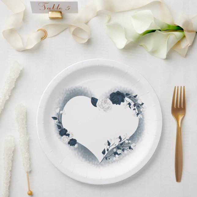 Assiettes En Carton Belles fleurs blanches et marines (Mariage)