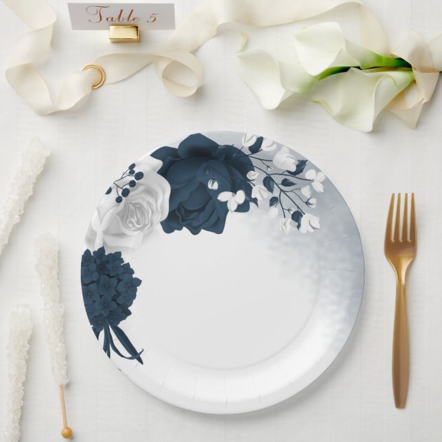 Assiettes En Carton Belles fleurs blanches et navires (Mariage)