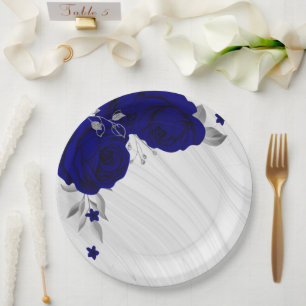 Assiettes En Carton Belles fleurs bleu royal sur marbre gris argent