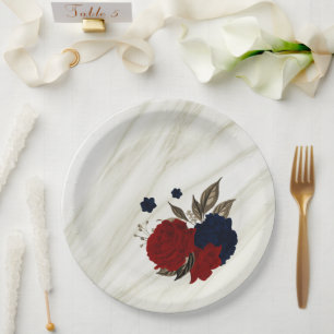 Assiettes En Carton Belles fleurs botaniques rouges et navy
