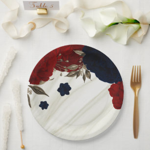 Assiettes En Carton Belles fleurs botaniques rouges et navy
