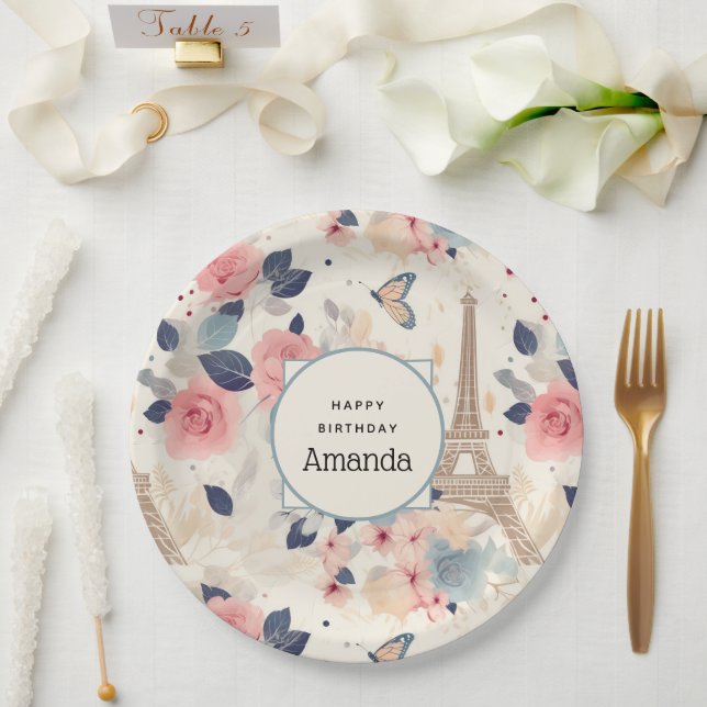 Assiettes En Carton Belles Fleurs et Tour Eiffel Paris Anniversaire (Mariage)
