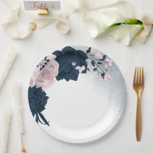 Assiettes En Carton Belles fleurs roses et marines