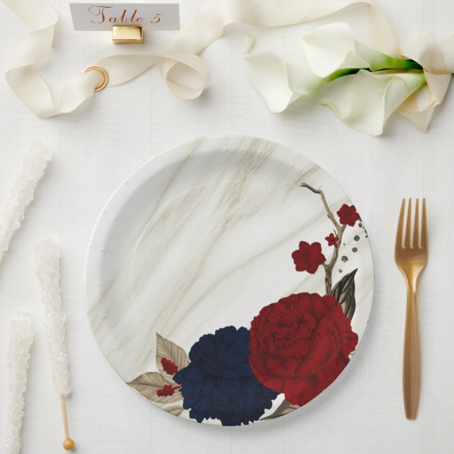 Assiettes En Carton Belles fleurs rouges et marines botaniques (Mariage)