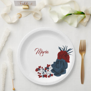 Assiettes En Carton Belles fleurs rouges et navy