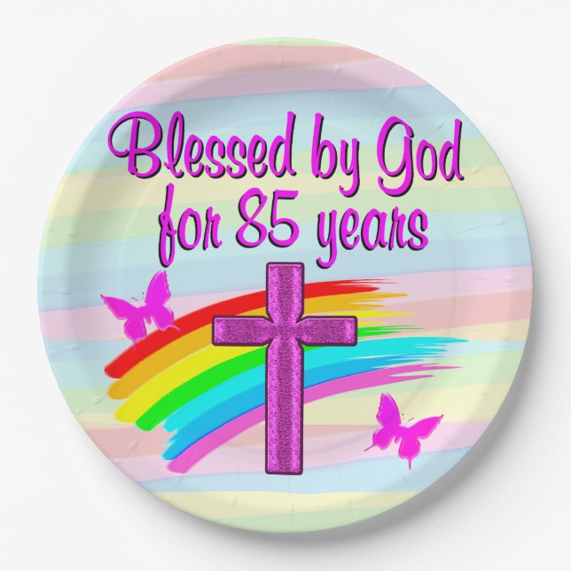 ASSIETTES EN CARTON BÉNÉFICIÉ PAR DIEU 85E ANNIVERSAIRE PAPIER PLATES (Devant)