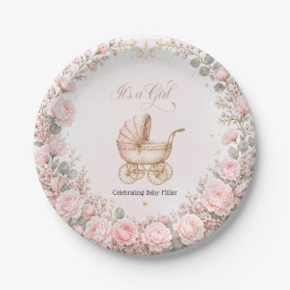 Assiettes En Carton Berceau Rose C'est une Fille Baby Shower Personnal