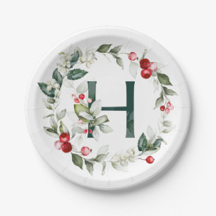 Assiettes En Carton Berries d'hiver Monogramme H Plaque de papier