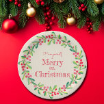 Assiettes En Carton Berries vertes élégantes Noël<br><div class="desc">Venez passer un joyeux petit Noël en lettrage rouge chic,  entouré de sprigs d'aquarelle de verts et de baies rouges. CORRESPONDRE des articles dans notre magasin.</div>