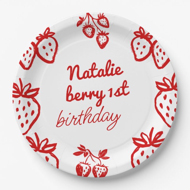 Assiettes En Carton Berry 1st Hand Drawberry Girl Fun Anniversaire (Devant)