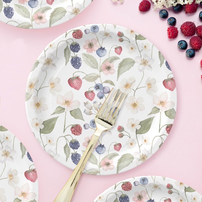 Assiettes En Carton Berry Baby shower doux Fleurs et baies sauvages (Berry Sweet Baby Shower Wild Berries & Flowers Paper Plates)