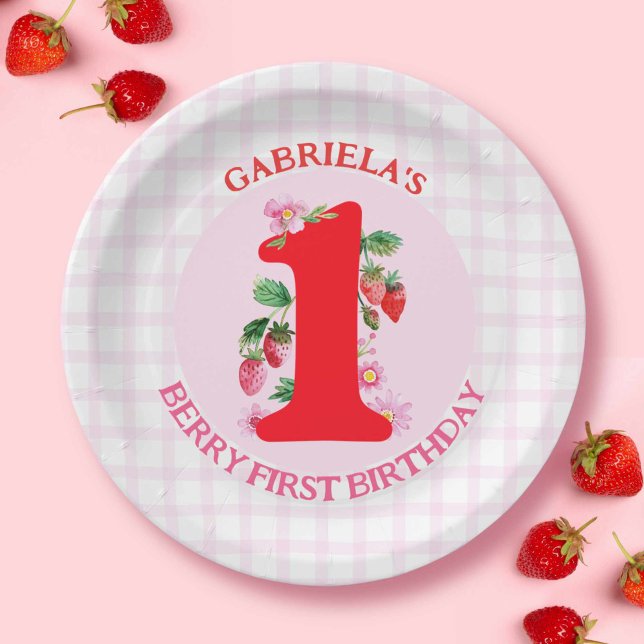 Assiettes En Carton Berry First Bird Watercolor Fraises (Berry First Birthday Watercolor Strawberries Paper Plates)