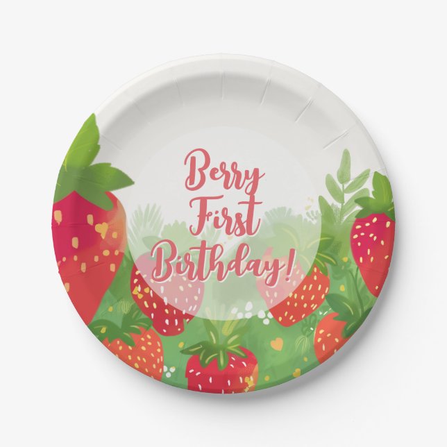 Assiettes En Carton Berry First Birthday Girls Strawberry 1er (Devant)
