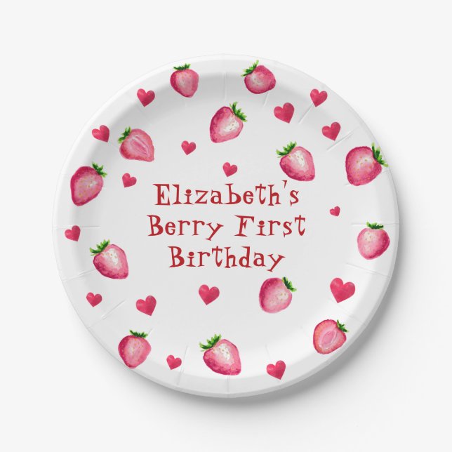 Assiettes En Carton Berry First Birthday Strawberry Party Coeurs (Devant)