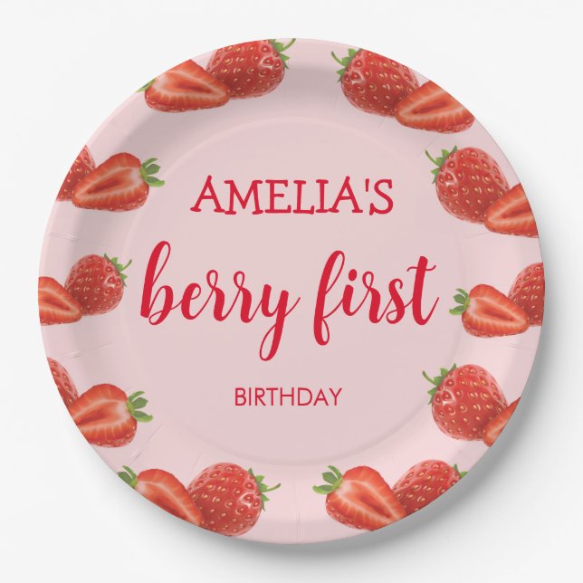 Assiettes En Carton Berry First | fraise 1er Anniversaire rose (Devant)