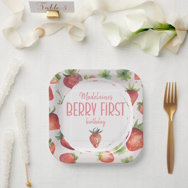 Assiettes En Carton Berry fraise Premier Carré d'anniversaire (Mariage)