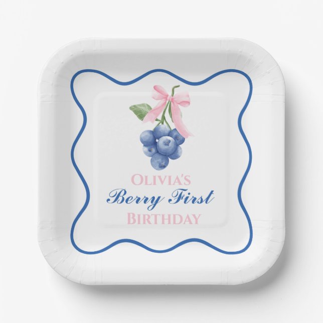 Assiettes En Carton Berry premier anniversaire bleu Bow rose Coquette (Recto)
