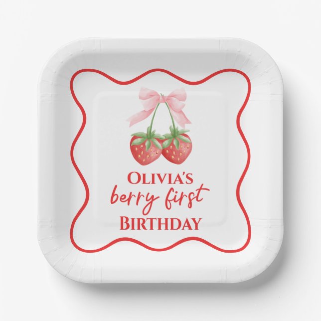 Assiettes En Carton Berry premier anniversaire de fraise Rose Bow (Recto)