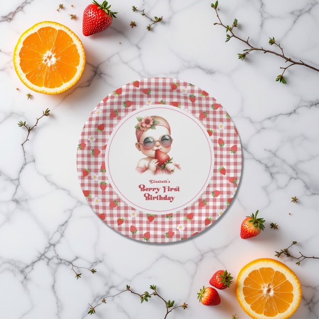 Assiettes En Carton Berry Premier anniversaire En vichy (Berry First Birthday Gingham Paper Plates)