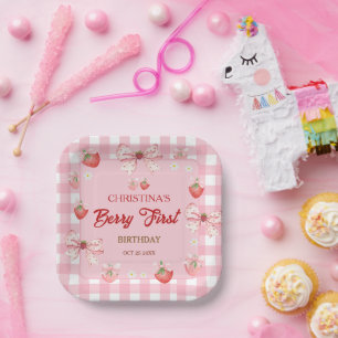Assiettes En Carton Berry premier anniversaire rose fraise vichy